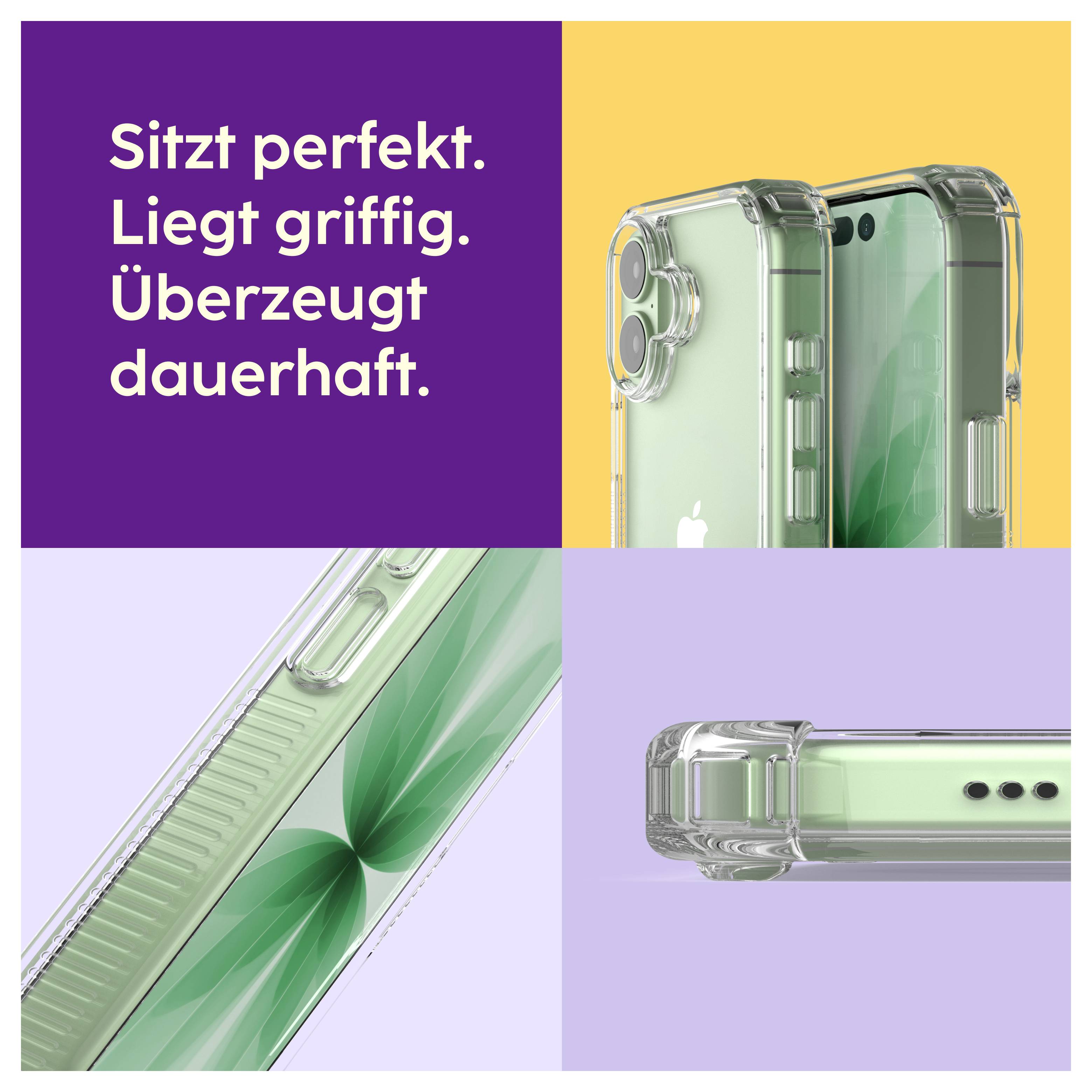 Reklamní koláž s transparentním pouzdrem na iPhone: Text „Sedí dokonale. Leží griffně. Přesvědčuje trvale." a detailní snímky ochranného krytu z různých úhlů.