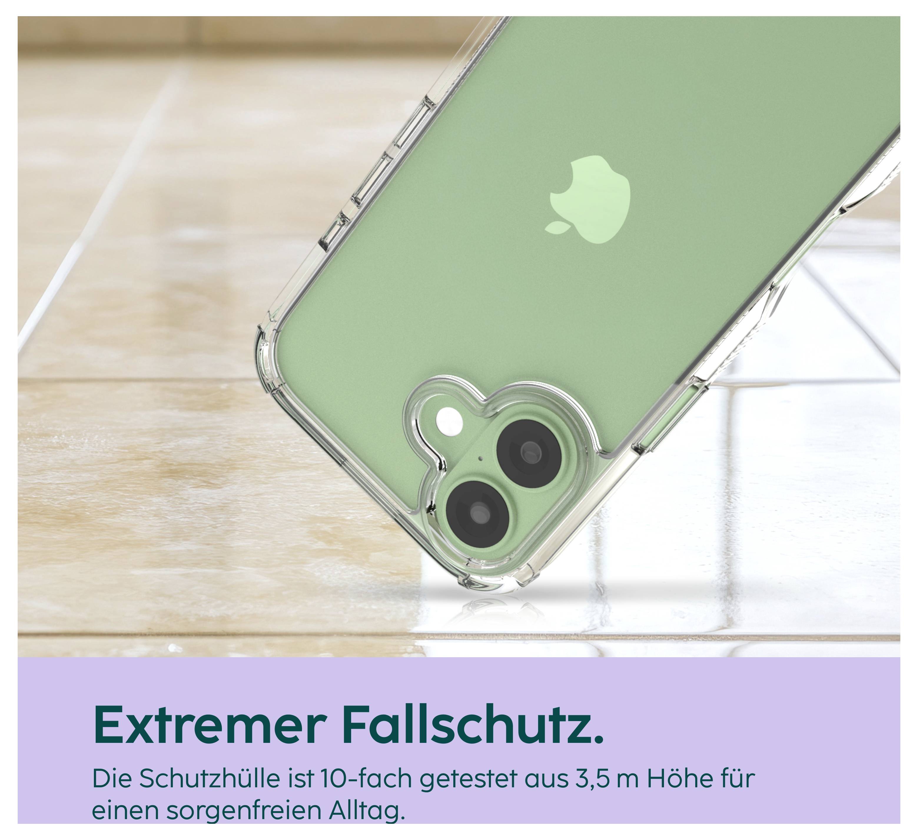 Zelený iPhone v průhledném ochranném pouzdře, zobrazený ze šikmé perspektivy; pod ním text „Extrémní ochrana při pádu. Ochranné pouzdro bylo 10krát testováno z výšky 3,5 m pro bezstarostný každodenní život."