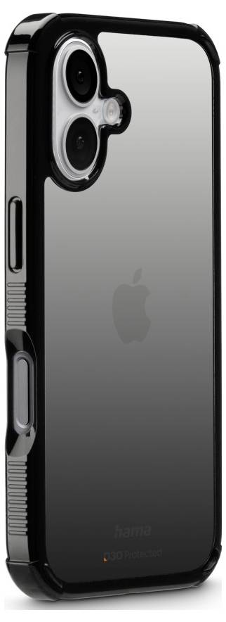 Černý kryt na iPhone s průhledným zadním dílem, který odhaluje logo Apple. Má ochranné hrany a přesné výřezy pro tlačítka a fotoaparát.