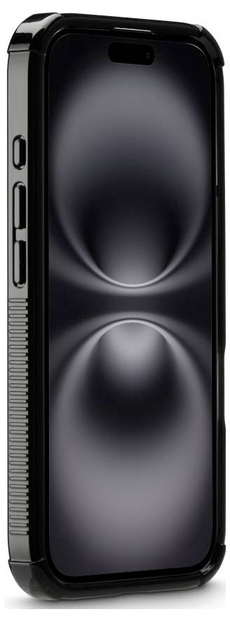 Chytrý telefon s elegantním pouzdrem zobrazující dynamický abstraktní obraz na displeji, s kruhovými světelnými vzory v tmavém tónu.