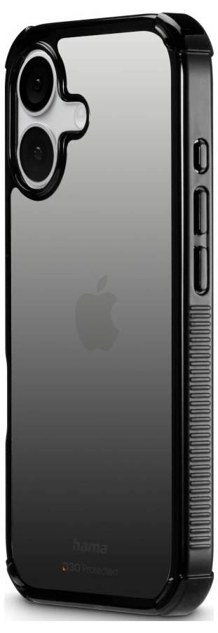 Průhledný telefonní kryt s černými okraji, navržený pro smartphone s duálním fotoaparátem. Na zadní straně je umístěno jemné logo.