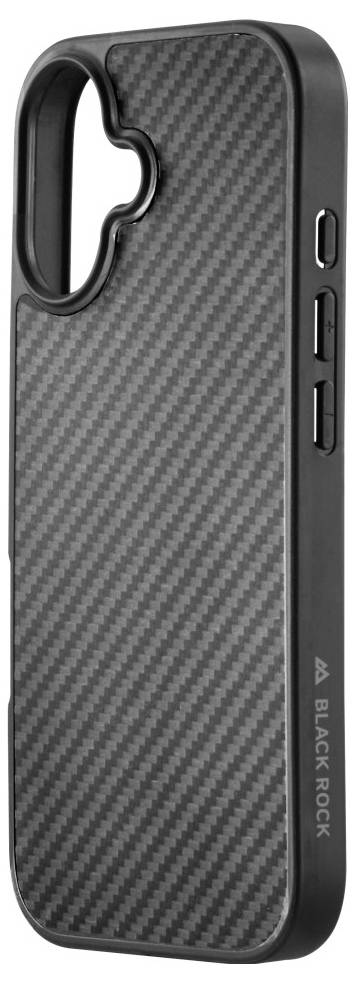 Pouzdro na telefon z karbonových vláken s texturovaným vzorem a bočními tlačítky, označené textem 'Black Rock'.