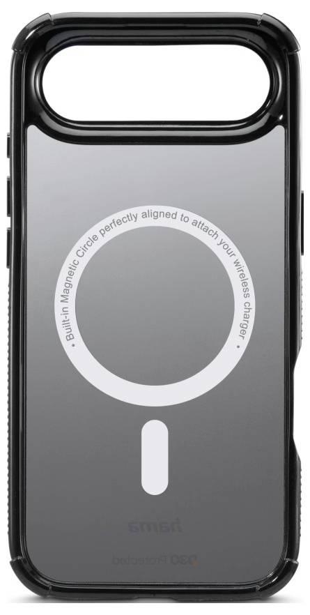 Obal na telefon s kruhovým designem s textem: 'Integrovaný magnetický kruh dokonale umístěný pro připojení vašeho bezdrátového nabíječe.'