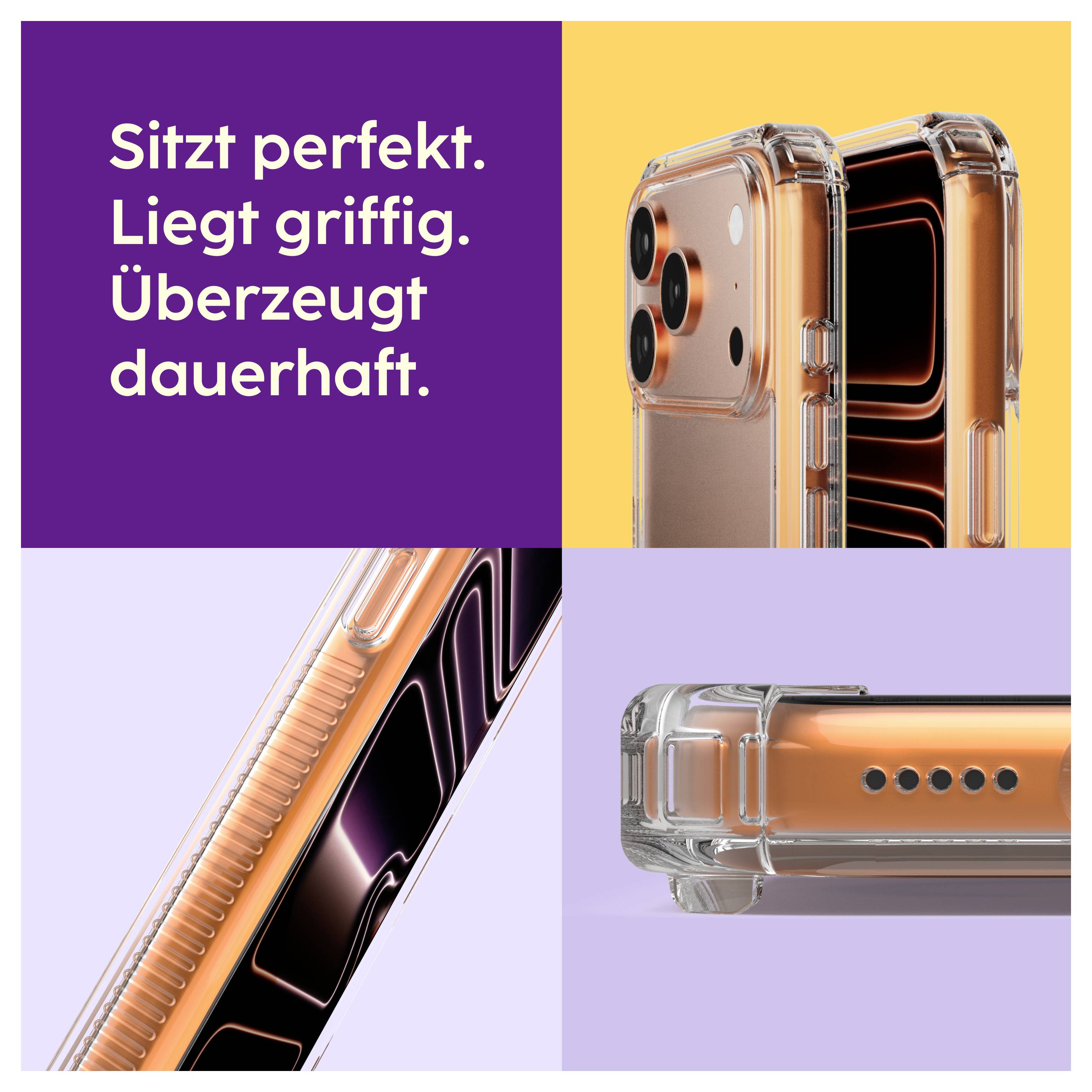 Reklamní inzerát na průhledné pouzdra na mobil s barevným okrajem; Text: 'Sedí dokonale. Leží příjemně v ruce. Přesvědčuje trvale.'