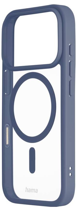 Modrý kryt na iPhone s MagSafe kroužkem a výřezy pro fotoaparát, tlačítka a nabíjecí port, navržený pro snadný přístup a ochranu.