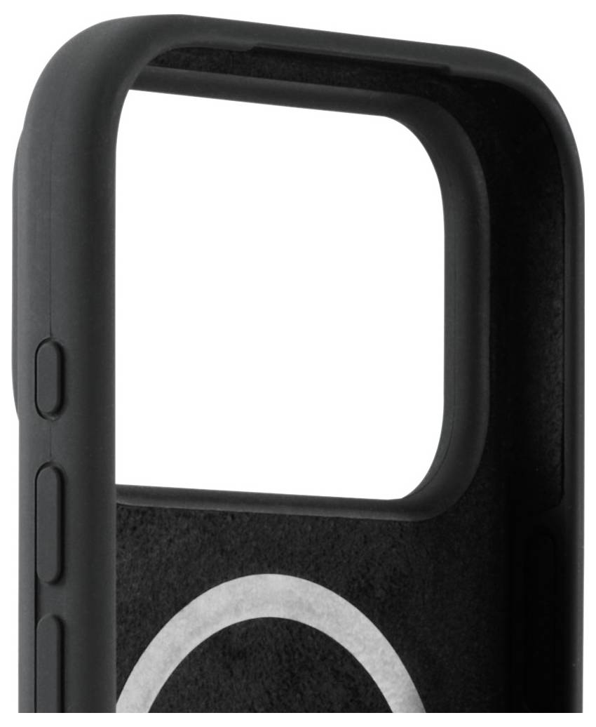 Černý telefon kryt s bočními tlačítky a výřezem pro fotoaparát. Uvnitř krytu je viditelný kruhový design.