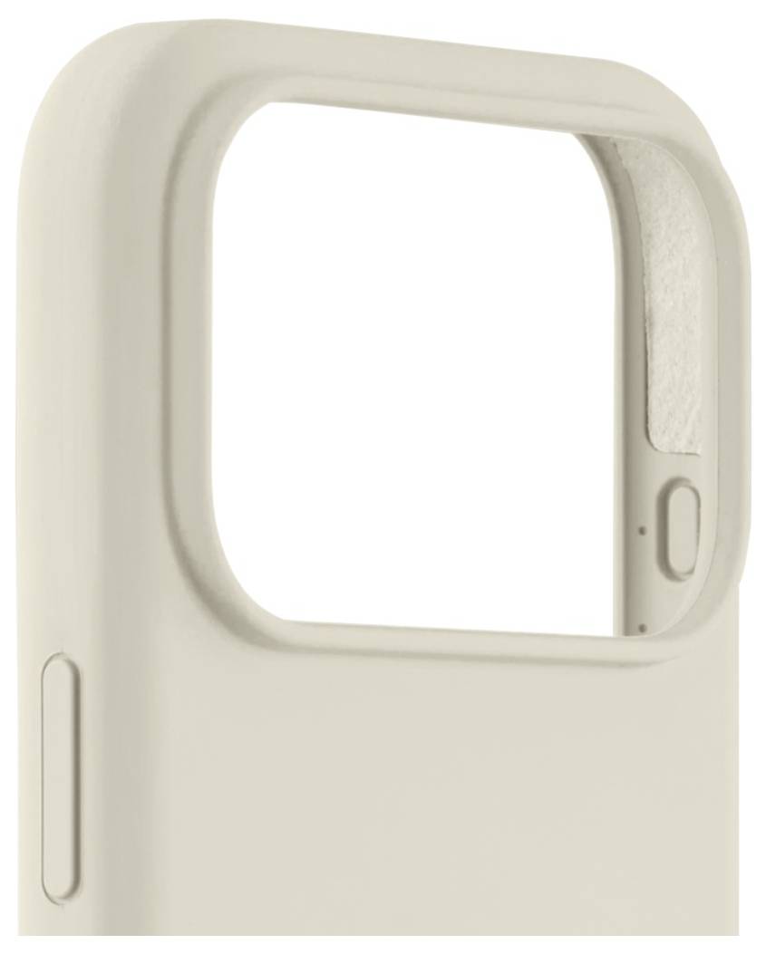 Béžový kryt na telefon s výřezem pro MagSafe, zobrazující detail postranního tlačítka.