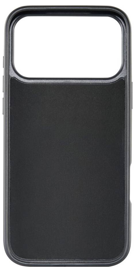 Černý smartphone kryt s velkou výřezem v horní části pro fotoaparátový modul, který vykazuje jednoduché, minimalistické designové provedení.