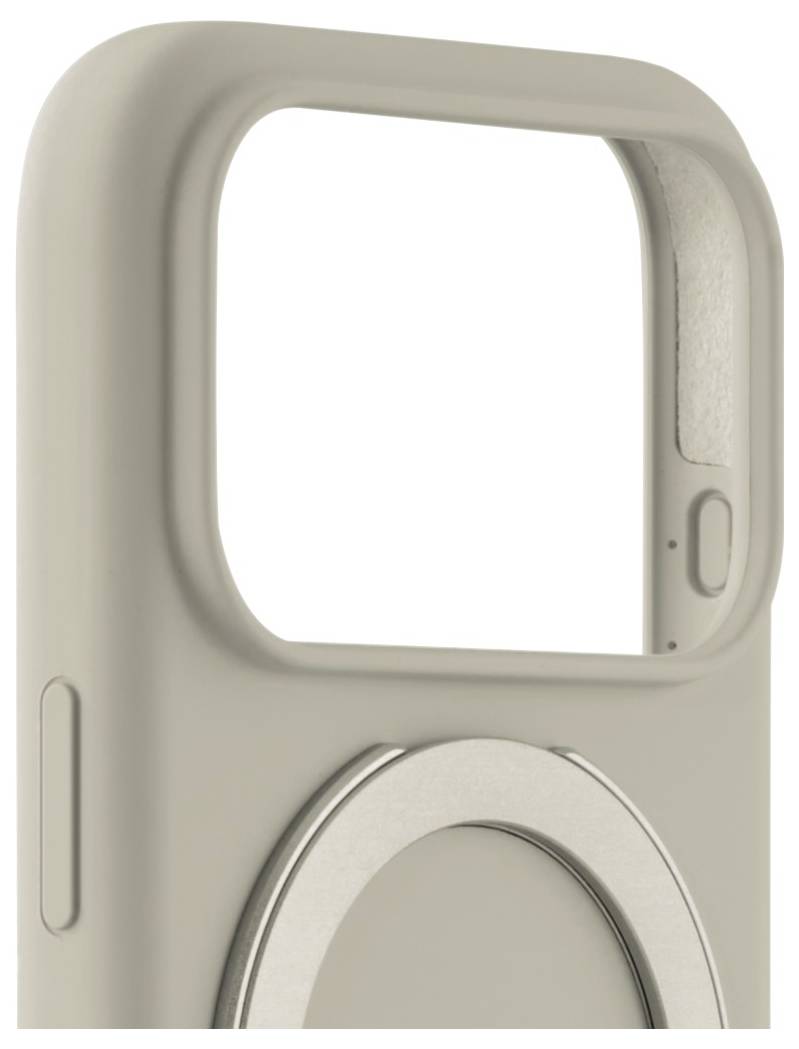 Béžový kryt na telefon s kompatibilitou MagSafe, s čtvercovým výřezem pro kameru a kruhovým obrysem zvýrazňujícím oblast MagSafe.