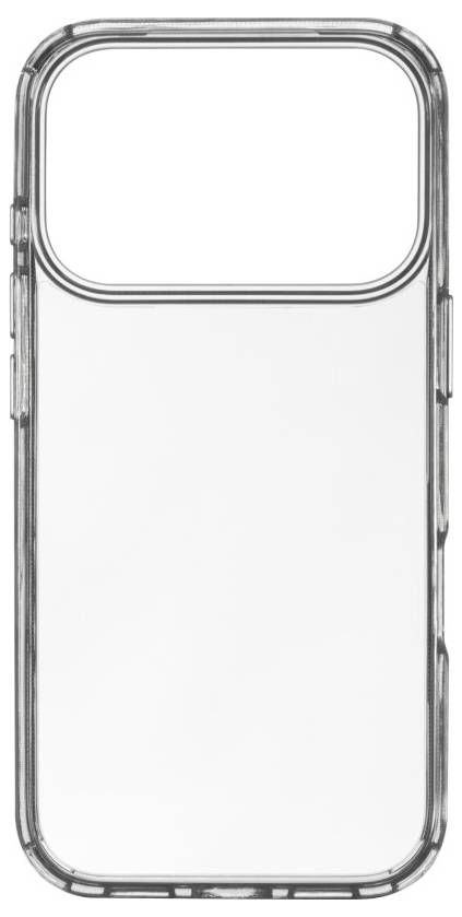 Průhledný telefonní kryt s úzkým designem, s otevřenou sekcí pro fotoaparát v horní části a zaoblenými hranami po stranách.