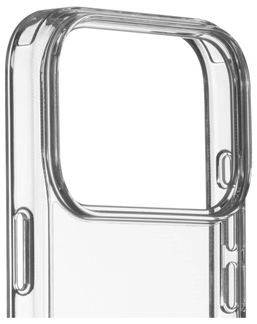 Průhledný plastový kryt na telefon s velkým výřezem pro fotoaparát, zobrazující kryty postranních tlačítek, navržený pro moderní smartphone.