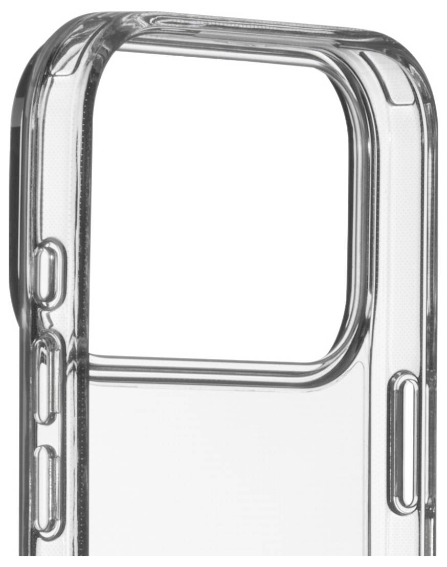 Průhledný smartphonový kryt s ochrannými hranami a kryty tlačítek, navržený pro modely s velkým fotoaparátem.