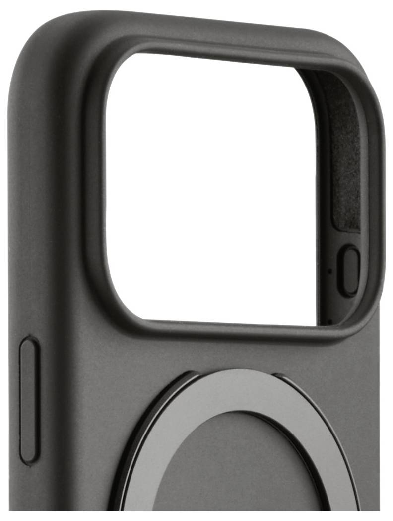 Černý telefonní kryt s kruhovým magnetickým připojovacím prostorem, který disponuje výřezem pro fotoaparát a přístupem k bočním tlačítkům pro snadné používání.