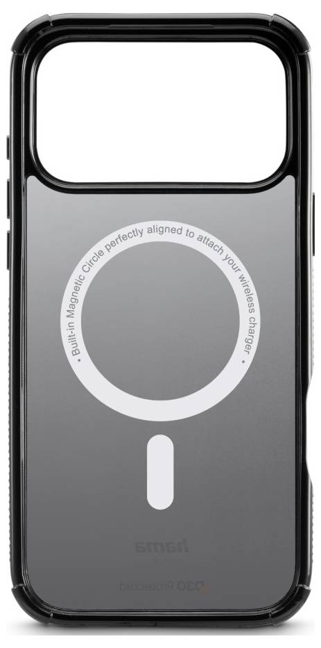 Černý obal na telefon s průhledným zadním dílem obsahuje bílou ilustraci zarovnávacího kruhu MagSafe umístěnou uprostřed poblíž horní hrany.