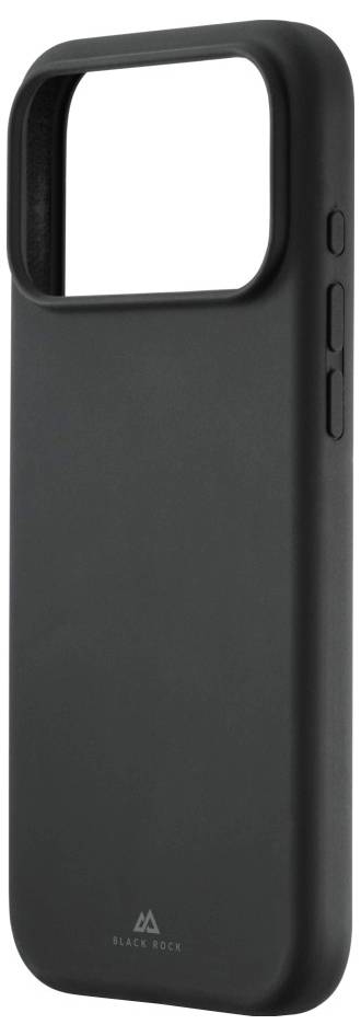 Černý kryt na telefon s velkým obdélníkovým výřezem v horní části pro fotoaparát a postranními tlačítky. Má minimalistický design.