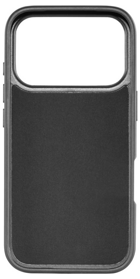 Elegantní černý obal na smartphone s minimalistickým designem, s oblými hranami a otevřenou sekcí pro oblast fotoaparátu.