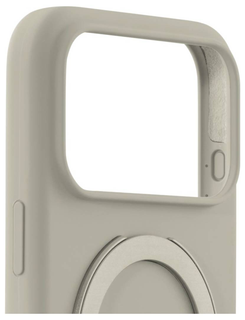 Béžový obal na smartphone s velkou výřezem pro fotoaparát a kruhovým prohlubením na zadní straně, vhodný pro moderní design telefonu.