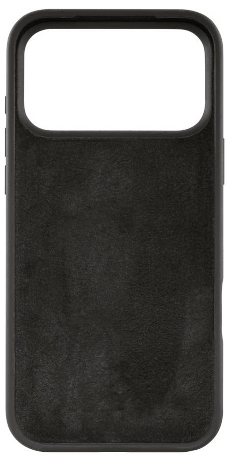 Černý telefon kryt s jednoduchým, minimalistickým designem a velkým otvorem pro fotoaparát a tlačítka na bocích.