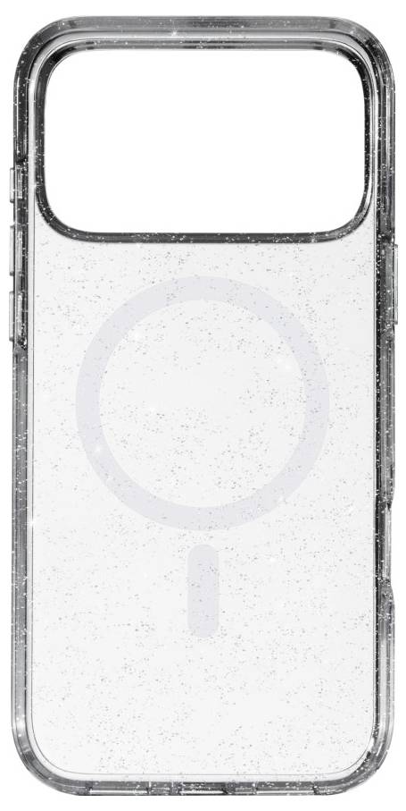 Průhledný mobilní kryt s velkým výřezem pro blok fotoaparátu, který má na zadní straně jemný kruhový design.
