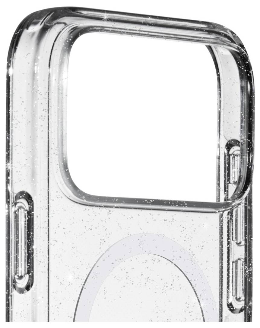 Průhledný, třpytivý kryt na telefon určený pro iPhone 14 Pro Max, s velkým výřezem pro fotoaparát a kompatibilitou s MagSafe.