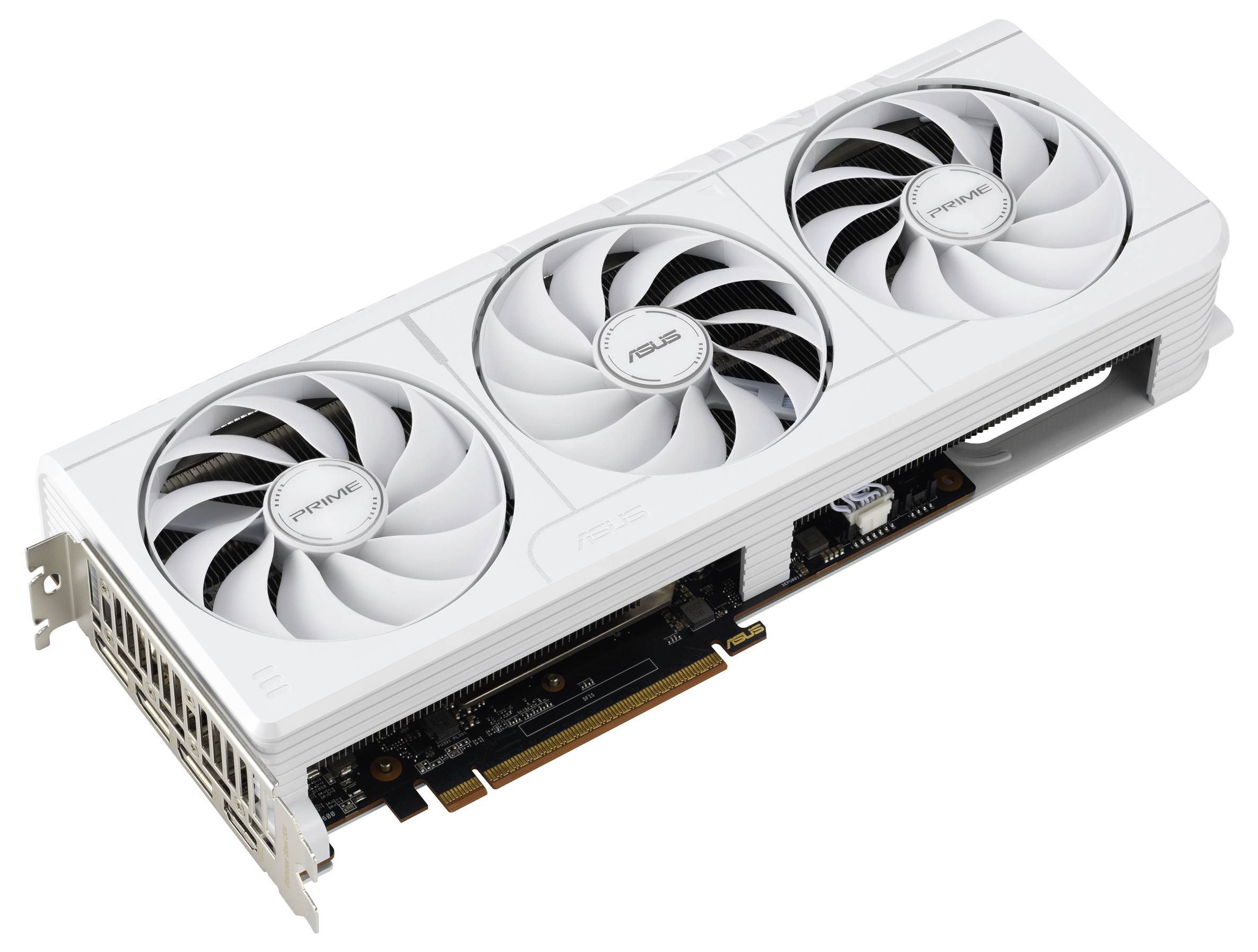 Bílá grafická karta se třemi ventilátory, PCIe konektorem a značkou ASUS, navržená pro vysoce výkonné počítačové systémy.