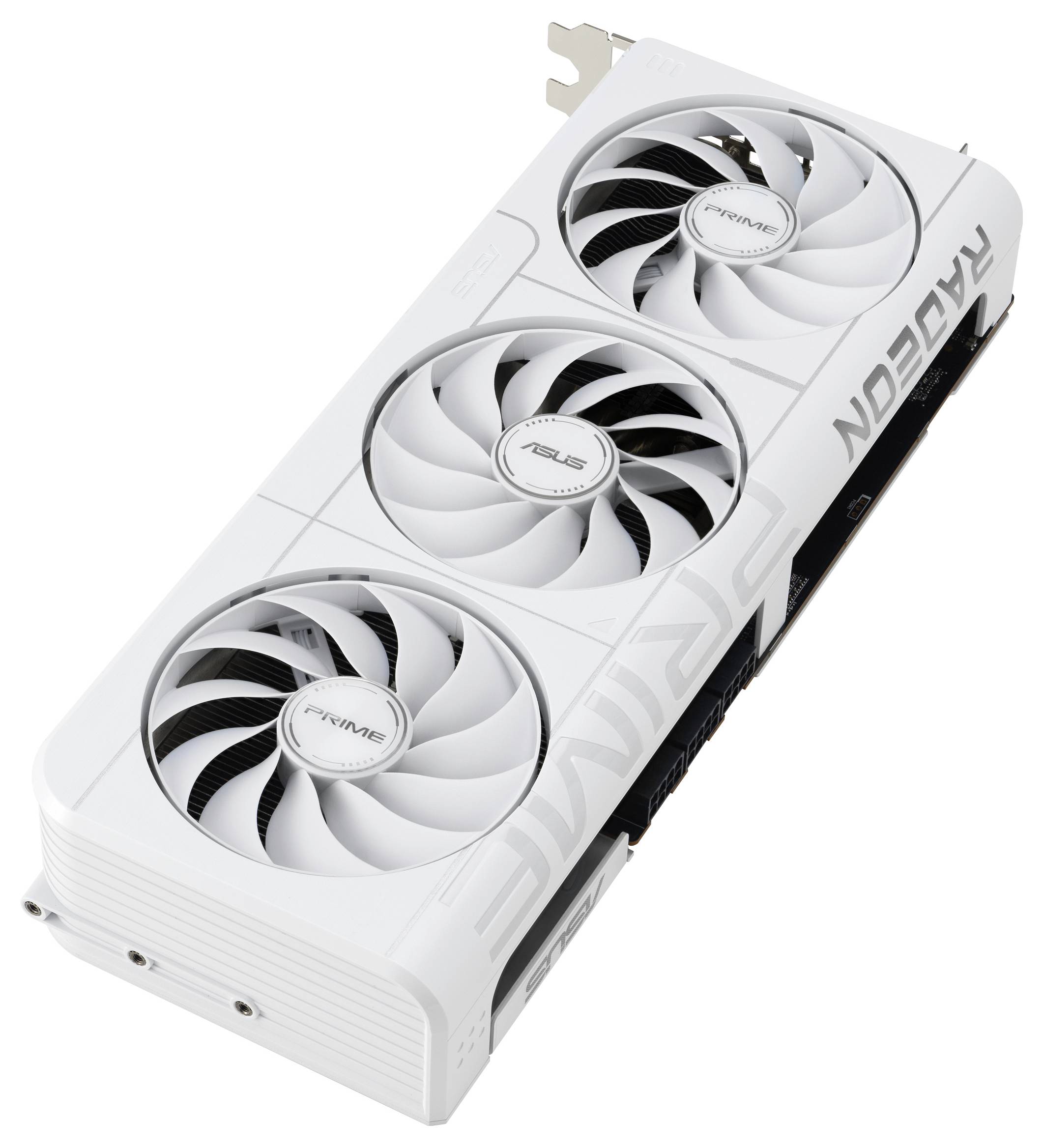 Bílá grafická karta se třemi chladicími ventilátory, s nápisem 'RADEON' na straně, určená pro vysoce výkonné počítačové zpracování.