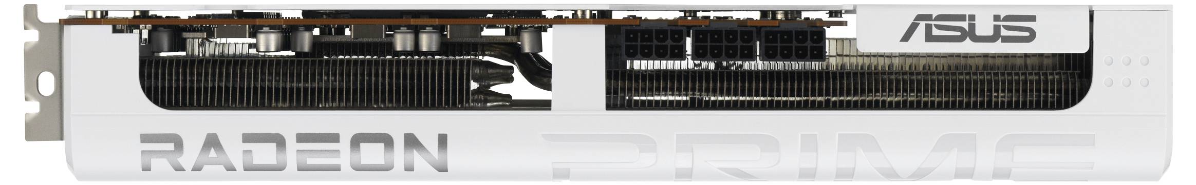Grafická karta s nápisem 'RADEON PRIME', ukazující vnitřní komponenty, s logem 'ASUS', primárně v bílé a šedé barvě.
