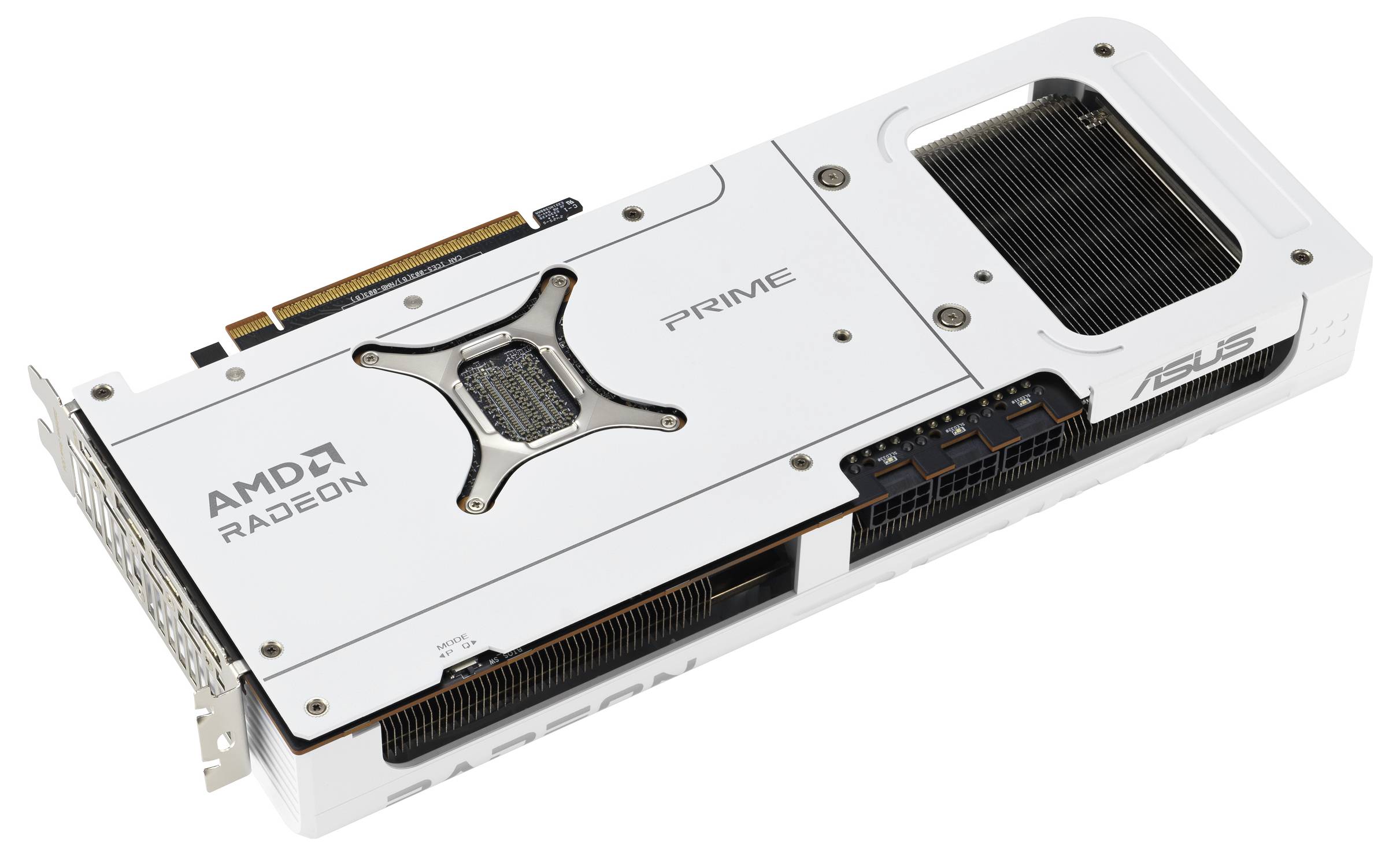 Bílá grafická karta ASUS s AMD Radeon, označená štítkem 'PRIME', zobrazená z horního úhlu, zvýrazňující její chladicí ventilátory a připojovací porty.