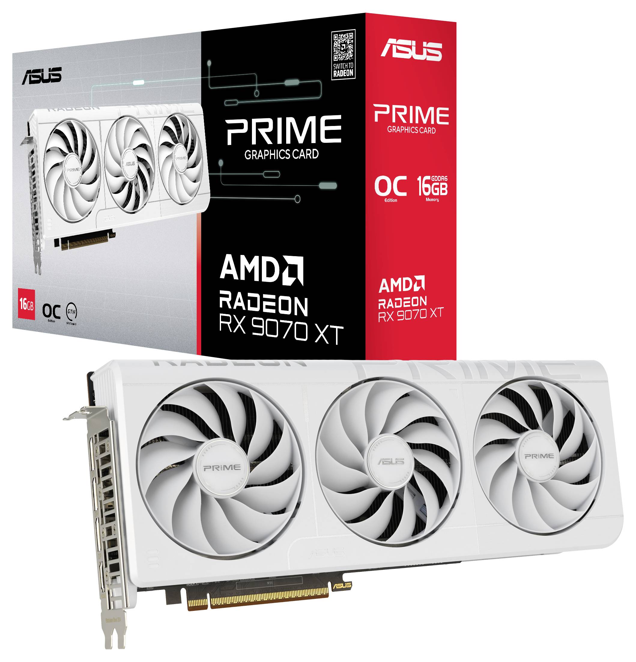 Bílá grafická karta ASUS PRIME, AMD Radeon RX 9070 XT, 16 GB, se třemi ventilátory. Na pozadí je krabice zvýrazňující technické specifikace.