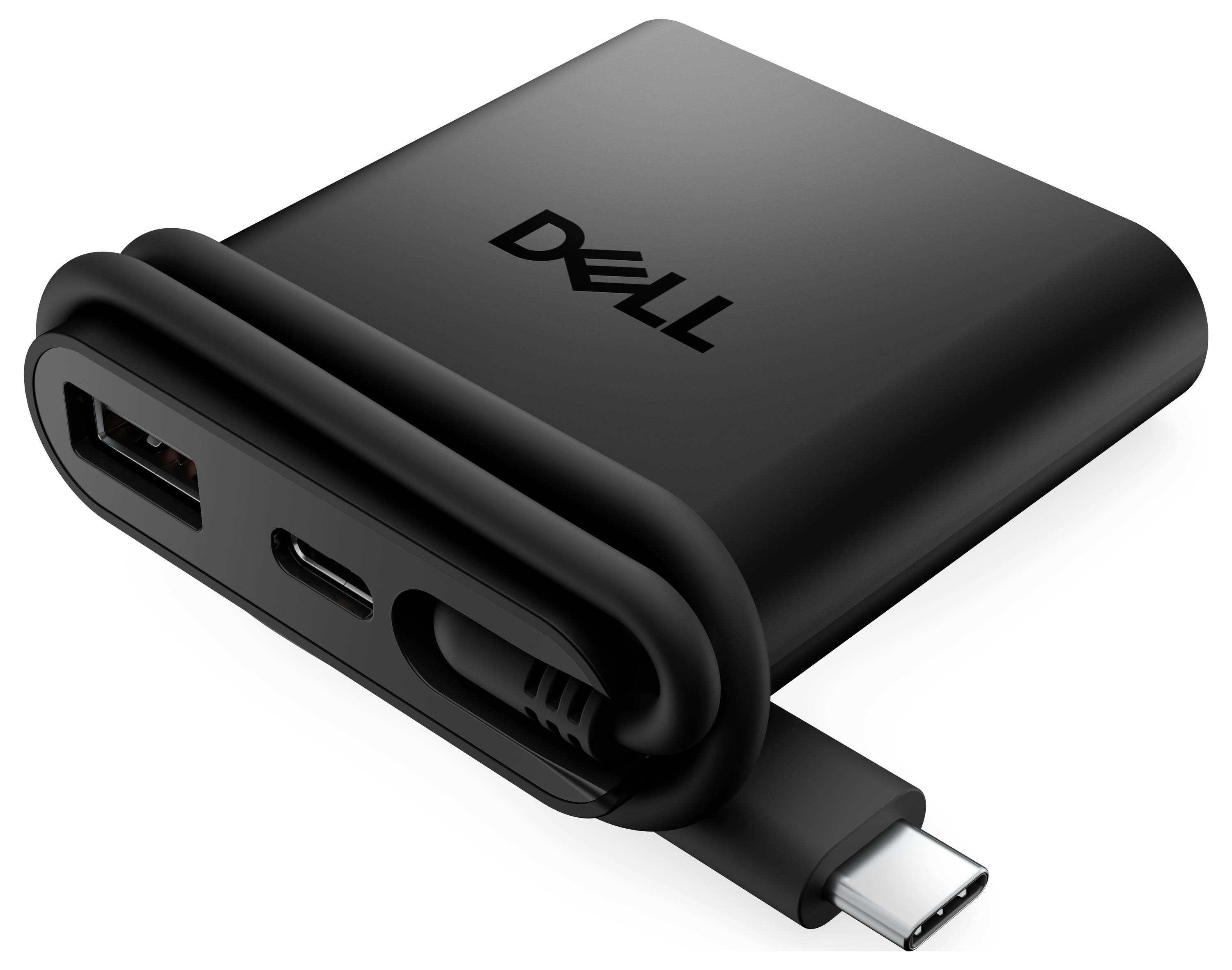 Černá powerbanka Dell s porty USB-A a USB-C, zobrazující stočený kabel s konektorem USB-C.