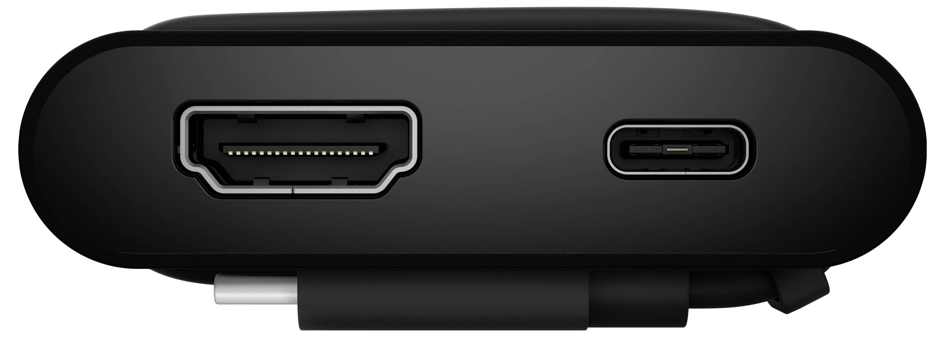 Černé zařízení s HDMI portem na levé straně a USB-C portem na straně pravé, pohled zepředu.