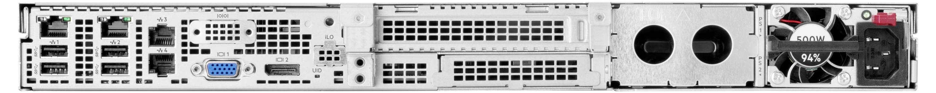 Obrázek zobrazuje zadní panel serveru s několika porty, včetně USB a síťových připojení, spolu s větracími ventilátory.