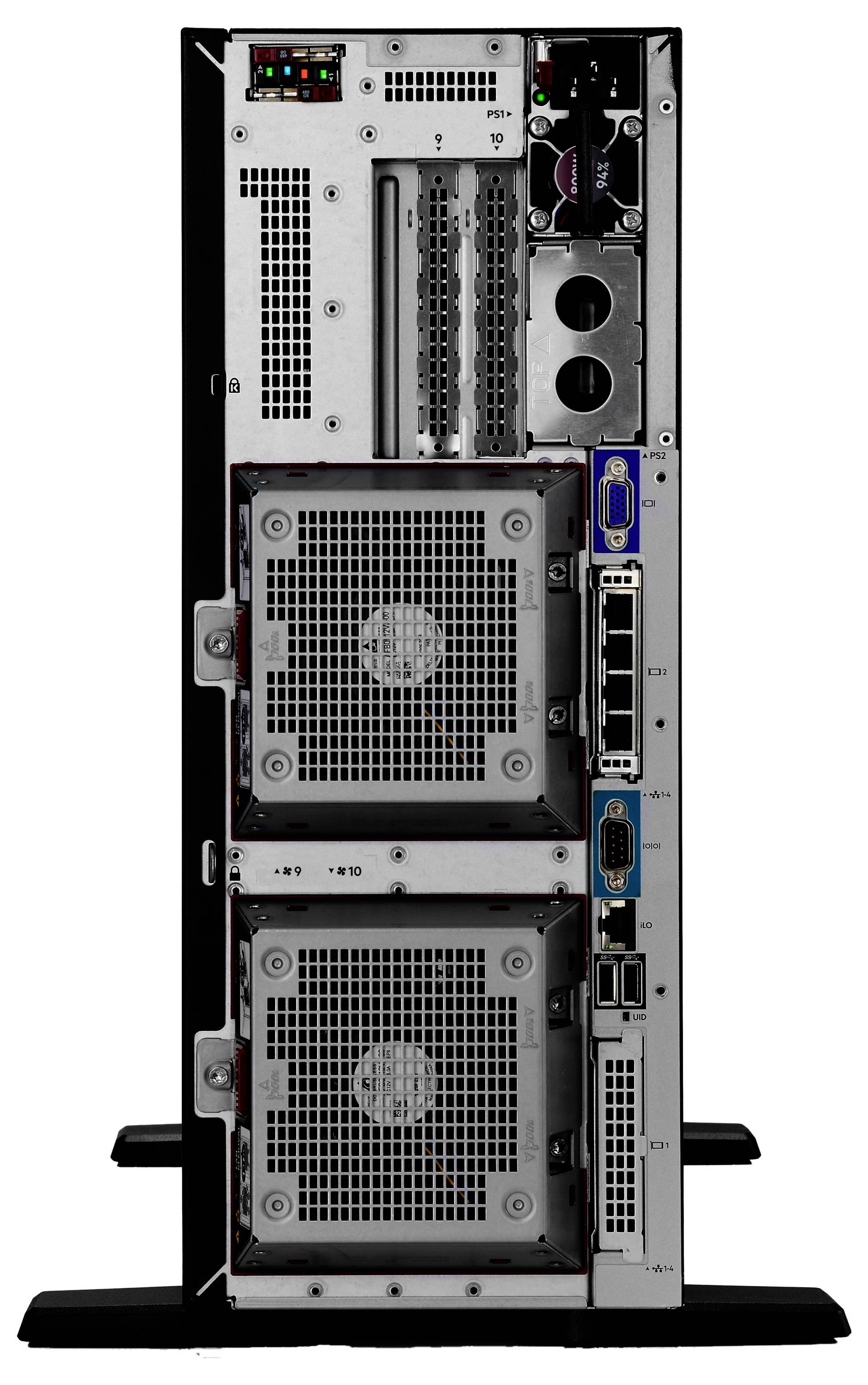 Obrázek ukazuje zadní pohled na věžový server, který obsahuje dva chladicí ventilátory, různé porty pro připojení a napájecí jednotky.