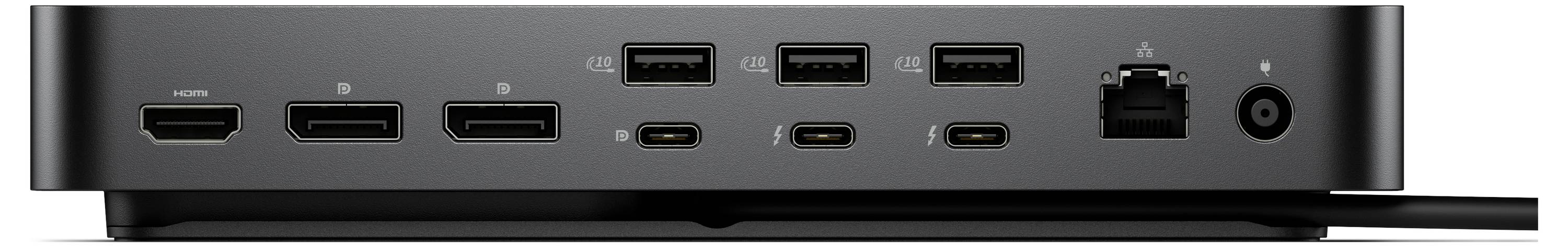 Pohled zezadu na dokovací stanici počítače s několika porty, včetně HDMI, USB-A, USB-C, Ethernetového připojení a napájecího vstupu.