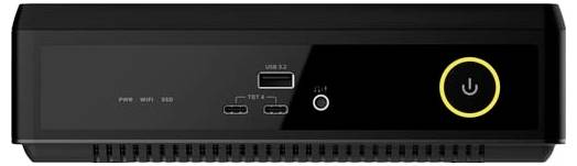 Černá věž stolního počítače s předním portem USB 3.2, dvěma porty USB-C, konektorem pro sluchátka, LED indikátory a žlutě podsvíceným vypínačem.