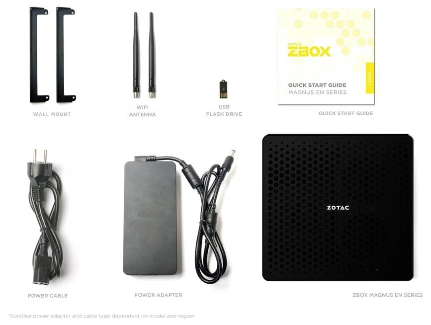 Obsah balení ZOTAC ZBOX: nástěnný držák, Wi-Fi anténa, USB flash disk, průvodce rychlým startem, napájecí kabel, napájecí adaptér, jednotka ZBOX.