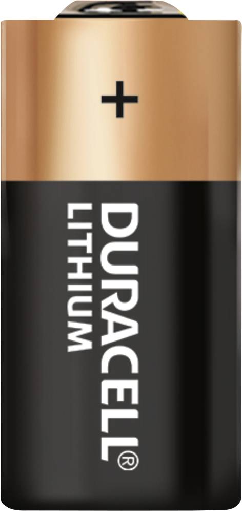 Lithiová baterie Duracell v černém a měděném designu, s kladným pólem nahoře.