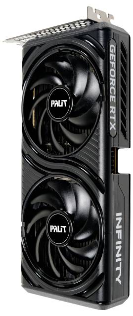 Černá grafická karta Palit GeForce RTX s dvěma velkými chladicími ventilátory a slovem 'Infinity' vytištěným na boku.