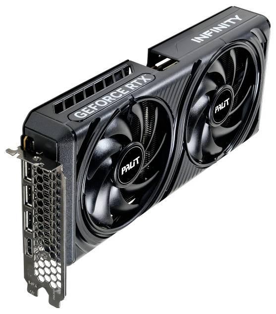 Černá grafická karta Palit GeForce RTX s duálními ventilátory, označená štítkem 'INFINITY', určená pro vysoce výkonné počítačové zpracování a hraní her.