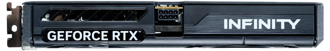 Boční pohled na grafickou kartu s popisky 'GEFORCE RTX' a 'INFINITY'. Jsou viditelné větrací otvory a napájecí konektory.