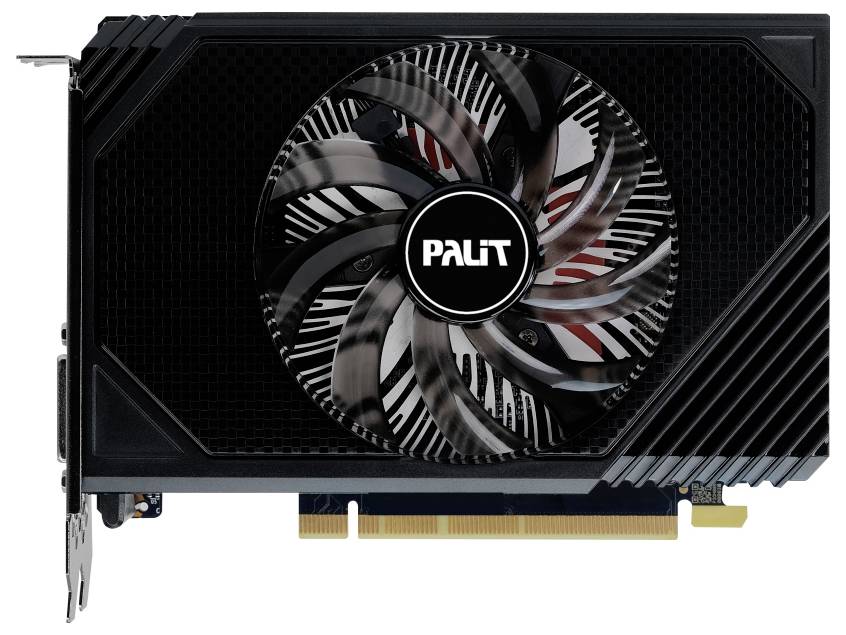 Černá grafická karta Palit s označeným ventilátorem uprostřed, určená pro počítače.