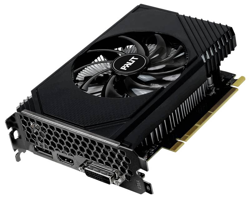 Černá grafická karta s viditelným ventilátorem a třemi porty: HDMI, DisplayPort a DVI. Logo značky je vycentrováno na ventilátoru.