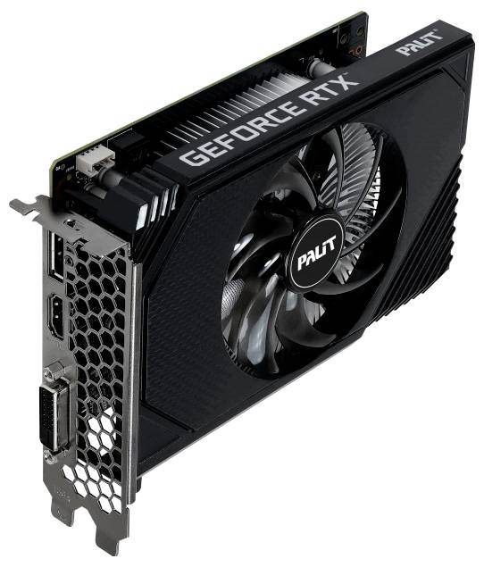 Grafická karta označená 'Palit GeForce RTX' s viditelným ventilátorem, výstupy HDMI a DisplayPort, používaná pro zlepšení výkonu počítačové grafiky.