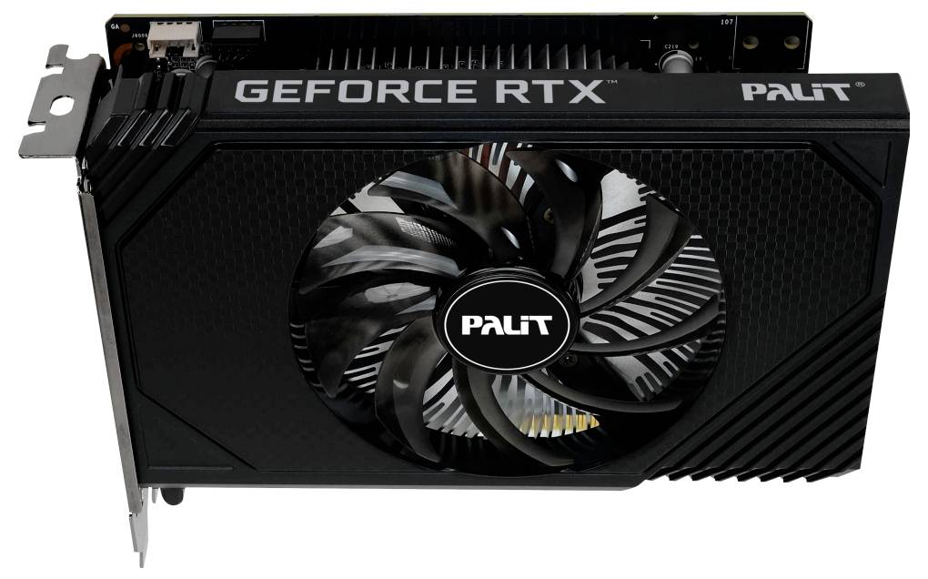 Černá grafická karta Palit GeForce RTX s velkou centrální ventilátorem a viditelnými elektrickými konektory.