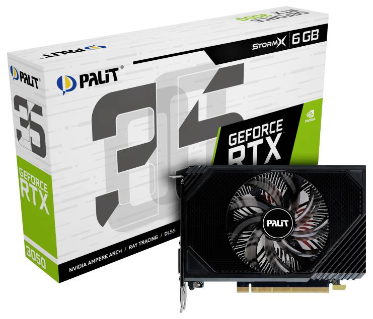 Grafická karta Palit GeForce RTX 3050 StormX s chladicím ventilátorem, zobrazená s maloobchodním obalem, který udává 6 GB paměti a ray tracing.