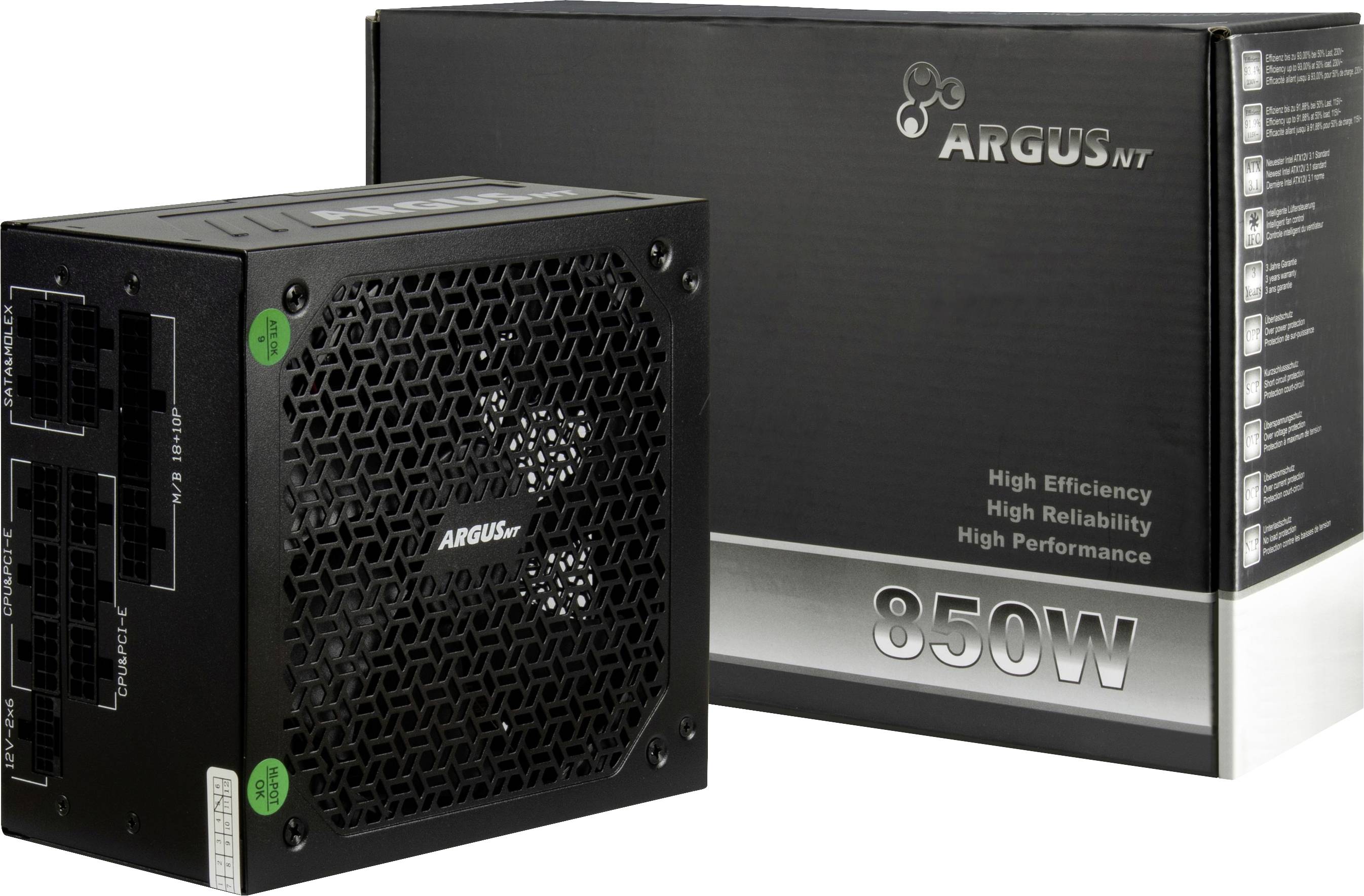 Černá napájecí jednotka Argus NT o výkonu 850W je zobrazena vedle svého obalu, přičemž jsou zvýrazněny vlastnosti jako vysoká účinnost a spolehlivost.