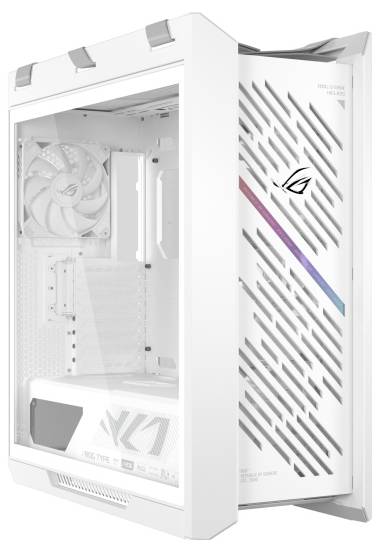 Bílý počítačový věžový kryt s hranolovitým designem a síťovaným předním panelem, který obsahuje ventilátor uvnitř. Logo ROG je viditelné na přední straně.