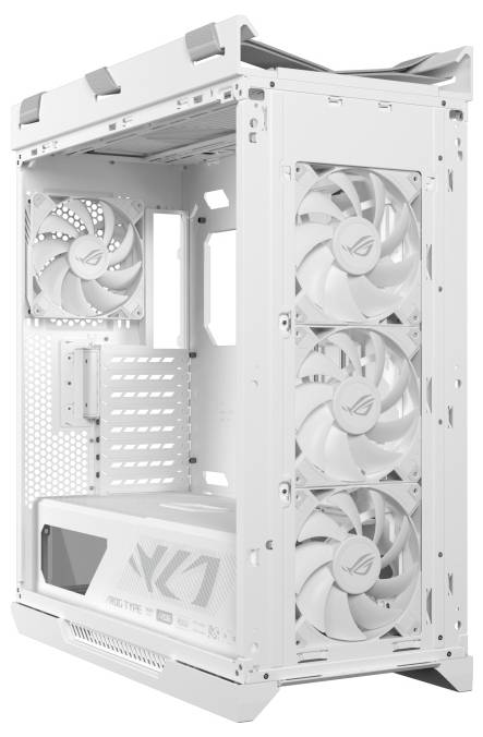 Bílý počítačový tower case s průhledným bočním panelem, vybavený třemi předními chladicími ventilátory a prostorným vnitřkem pro komponenty.