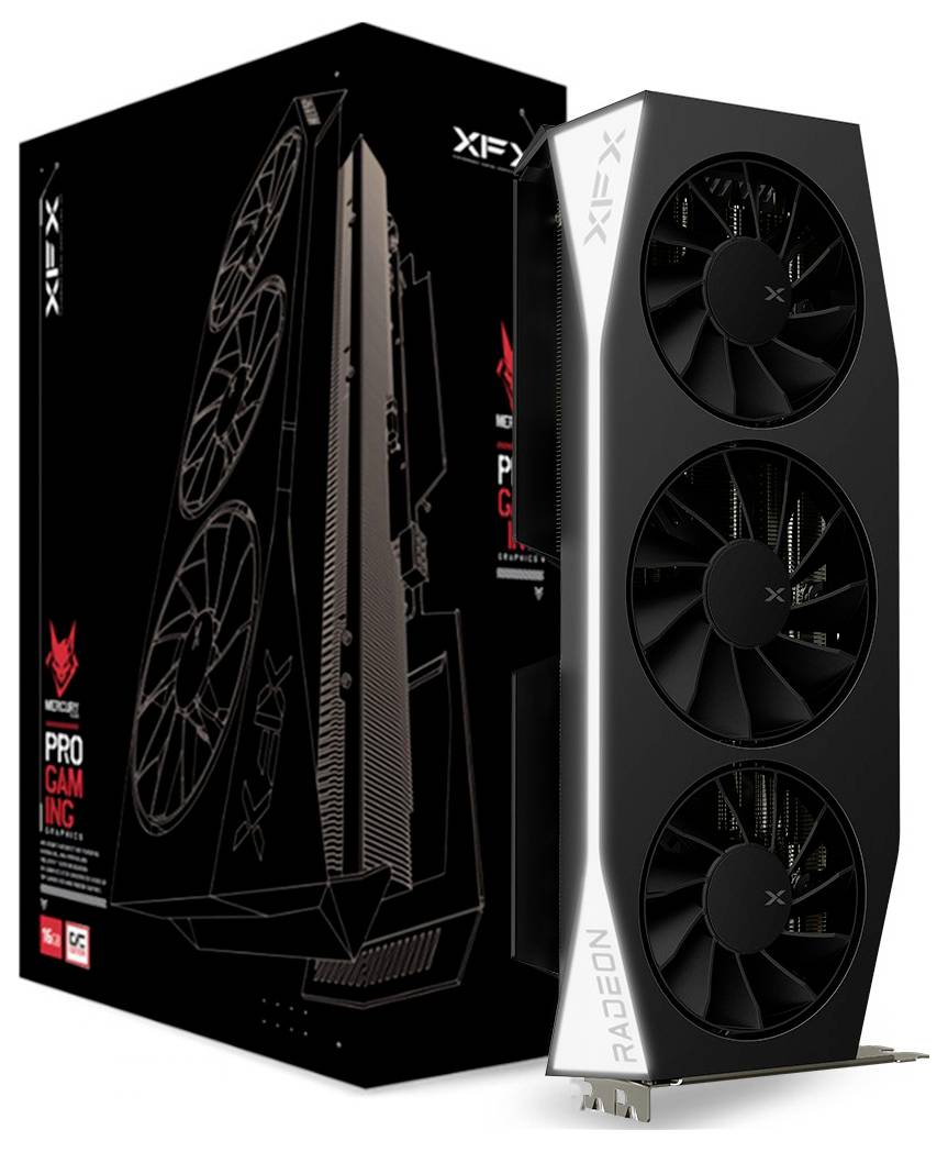 Krabice grafické karty se třemi velkými chladicími ventilátory a názvem značky 'Radeon'.