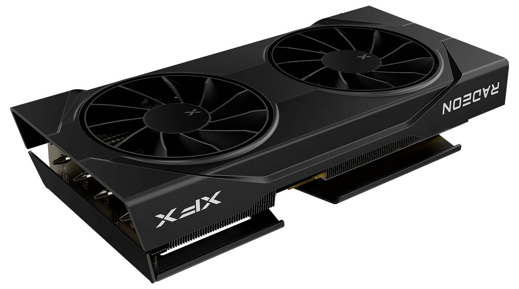 Černá grafická karta s dvojicí ventilátorů, označená nápisem 'RADEON', pohled z úhlu ukazující chladicí otvory a připojovací porty.